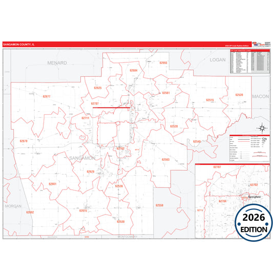 Sangamon County, IL Red Line 5 Digit ZIP Code Wall Map