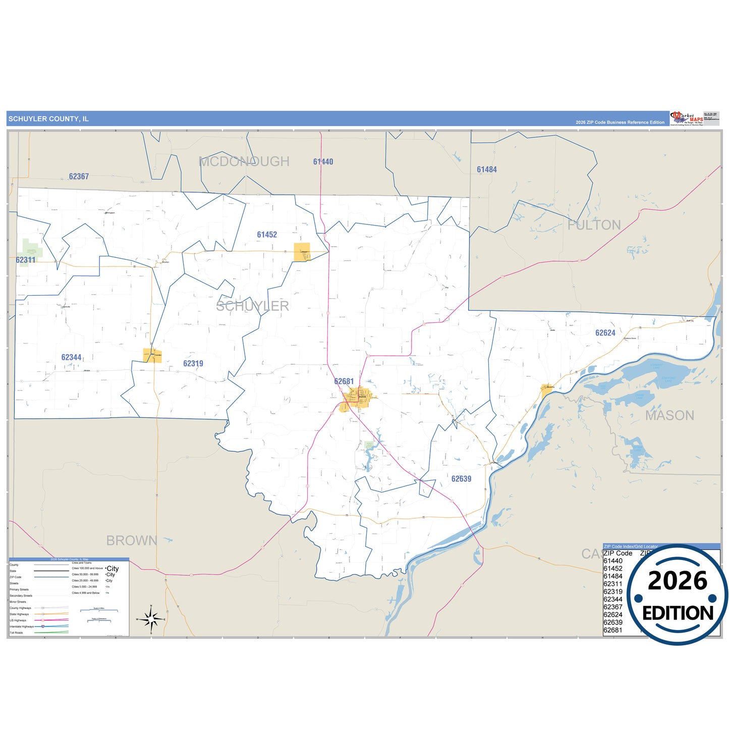 Schuyler County, IL Business Reference 5 Digit ZIP Code Wall Map