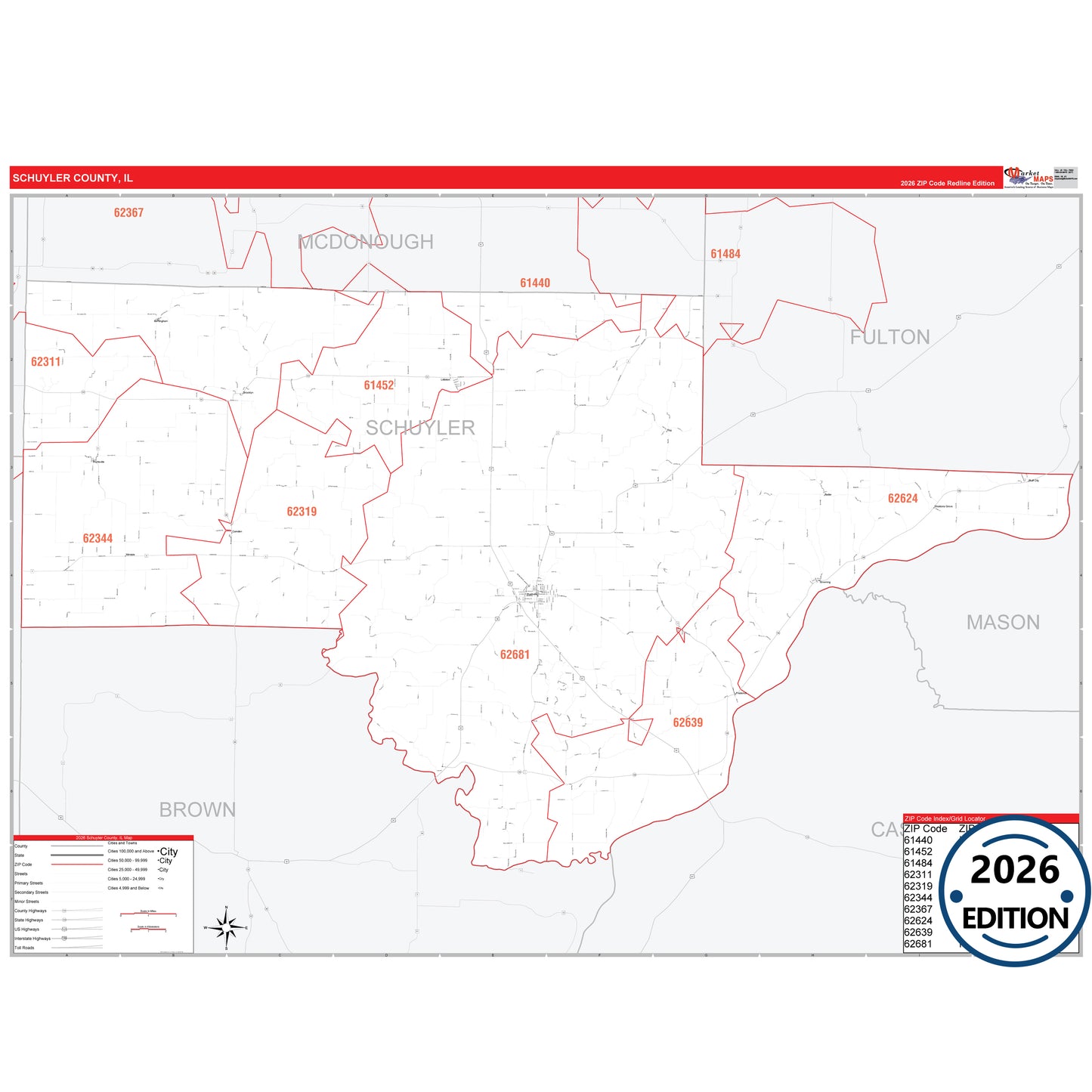 Schuyler County, IL Red Line 5 Digit ZIP Code Wall Map