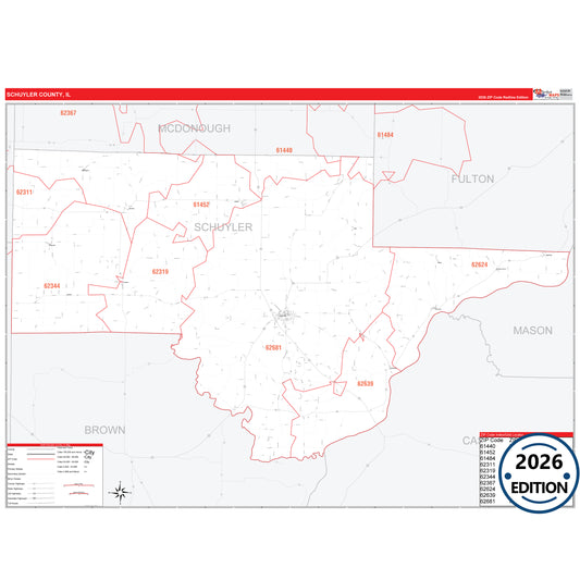 Schuyler County, IL Red Line 5 Digit ZIP Code Wall Map