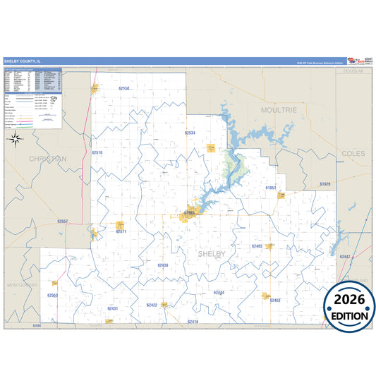 Shelby County, IL Business Reference 5 Digit ZIP Code Wall Map