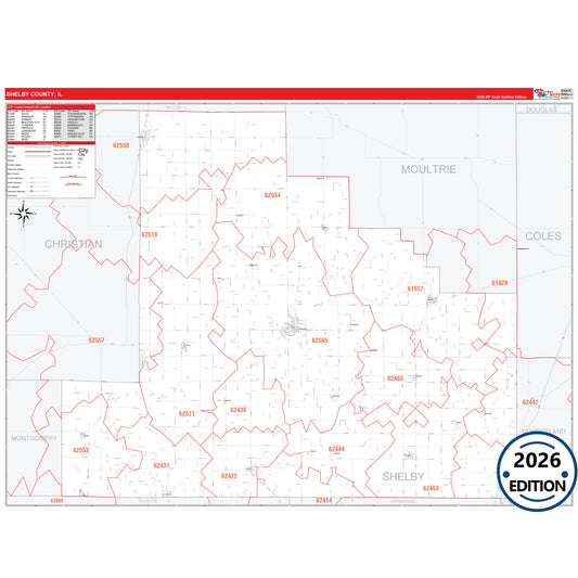 Shelby County, IL Red Line 5 Digit ZIP Code Wall Map