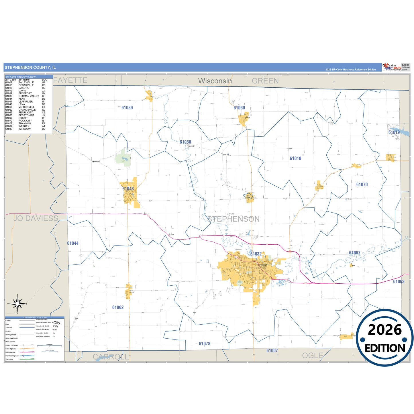 Stephenson County, IL Business Reference 5 Digit ZIP Code Wall Map