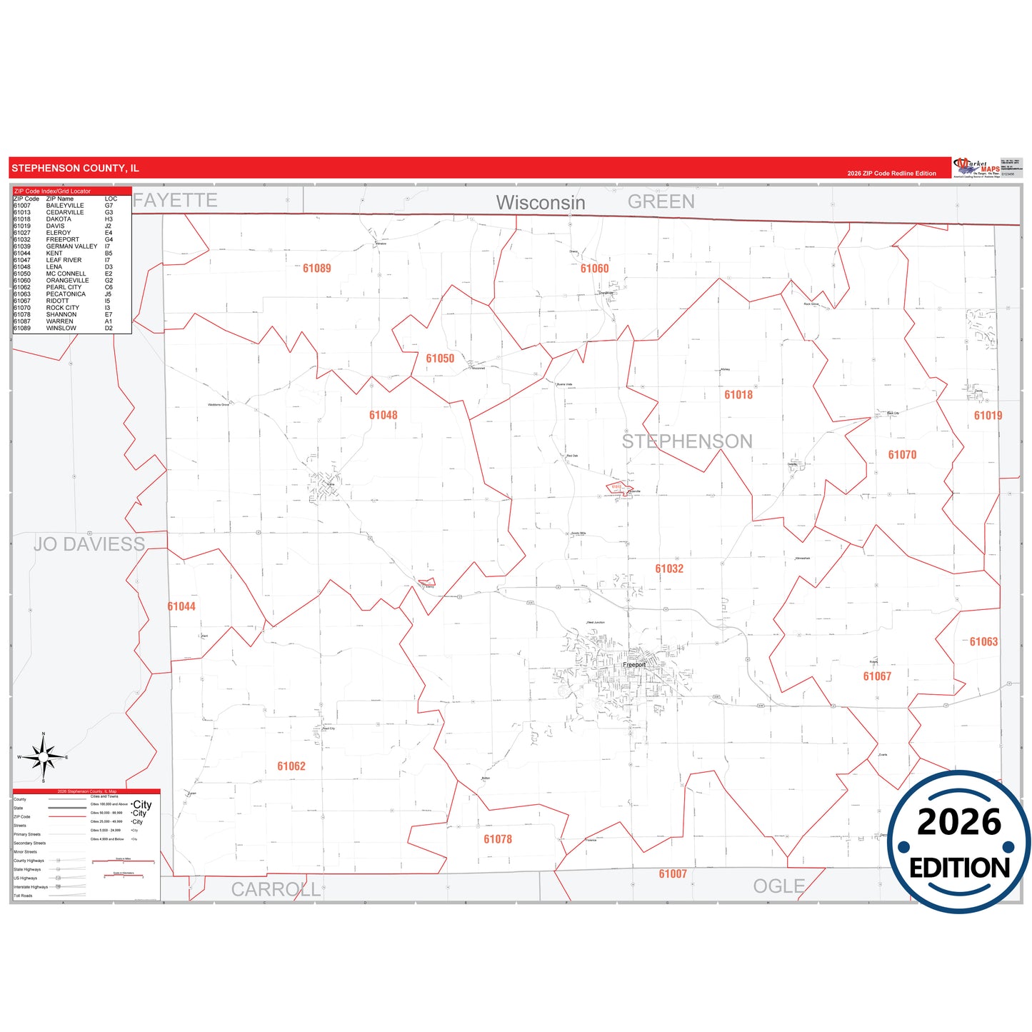 Stephenson County, IL Red Line 5 Digit ZIP Code Wall Map
