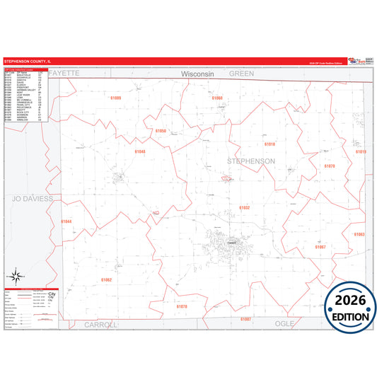 Stephenson County, IL Red Line 5 Digit ZIP Code Wall Map