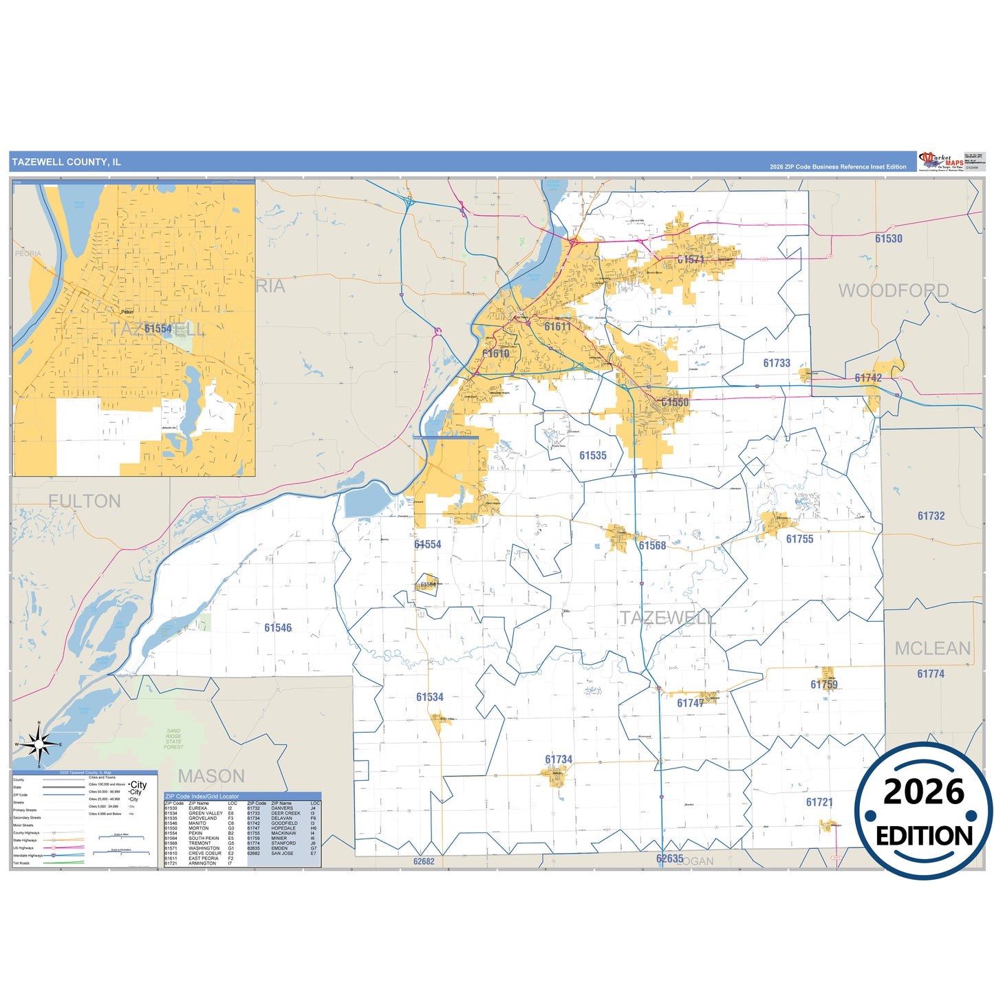 Tazewell County, IL Business Reference 5 Digit ZIP Code Wall Map