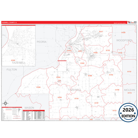 Tazewell County, IL Red Line 5 Digit ZIP Code Wall Map