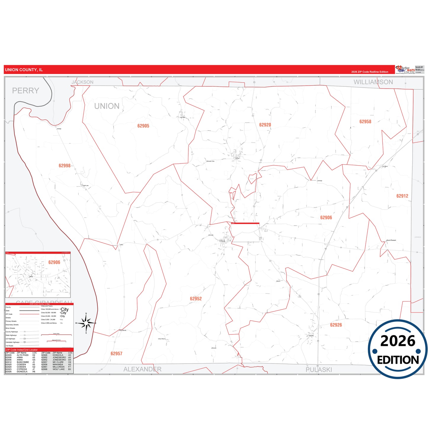 Union County, IL Red Line 5 Digit ZIP Code Wall Map