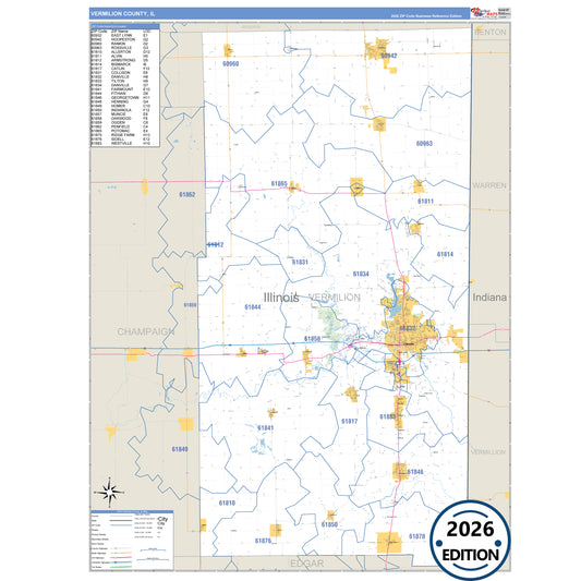 Vermilion County, IL Business Reference 5 Digit ZIP Code Wall Map