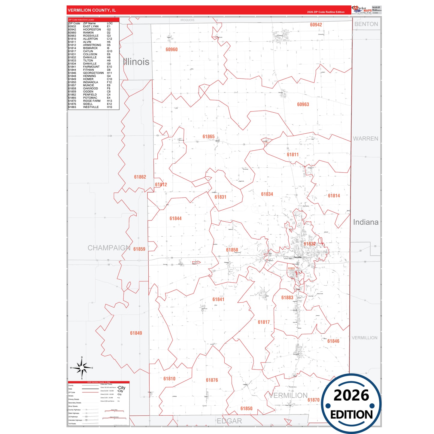 Vermilion County, IL Red Line 5 Digit ZIP Code Wall Map