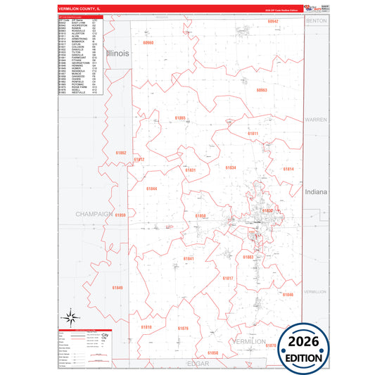 Vermilion County, IL Red Line 5 Digit ZIP Code Wall Map