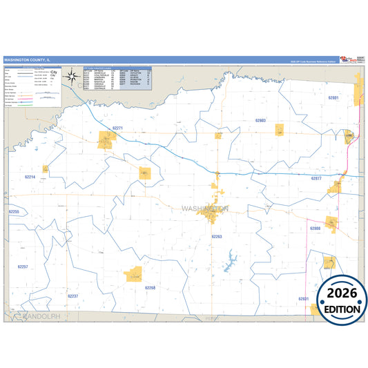 Washington County, IL Business Reference 5 Digit ZIP Code Wall Map