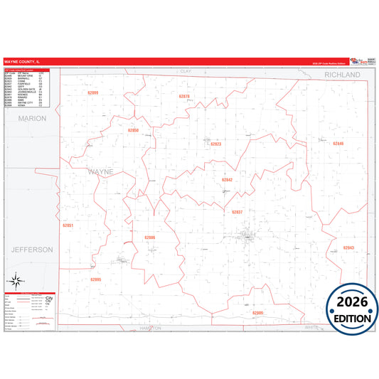 Wayne County, IL Red Line 5 Digit ZIP Code Wall Map