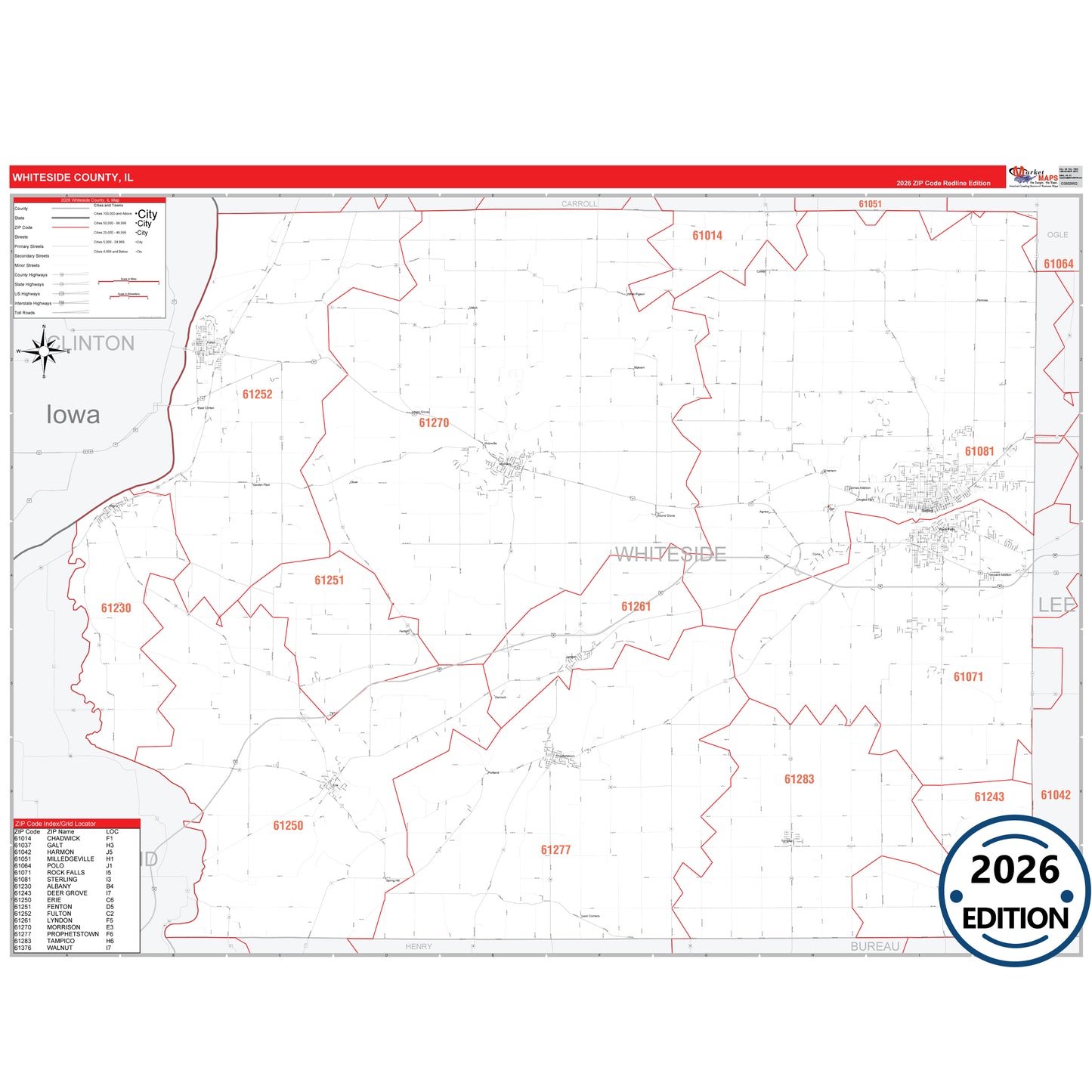 Whiteside County, IL Red Line 5 Digit ZIP Code Wall Map