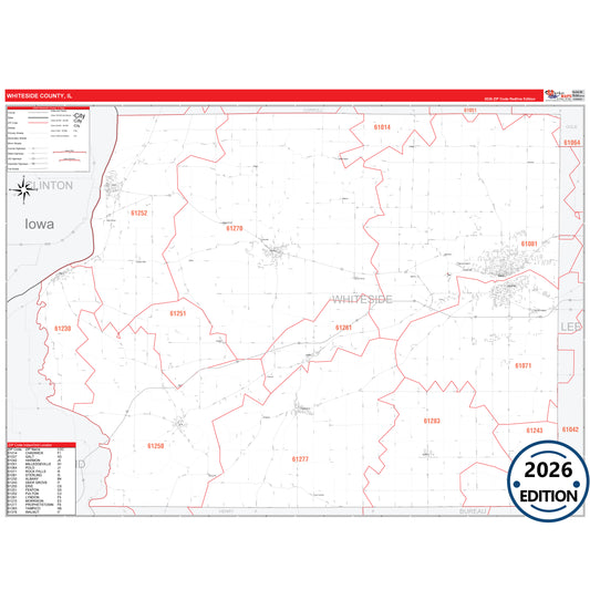 Whiteside County, IL Red Line 5 Digit ZIP Code Wall Map