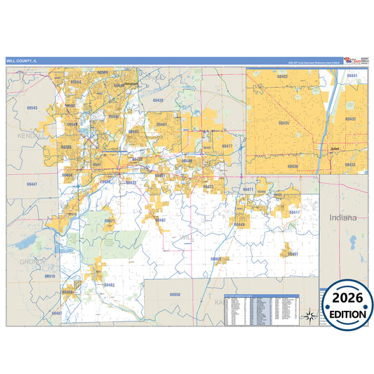 Will County, IL Business Reference 5 Digit ZIP Code Wall Map