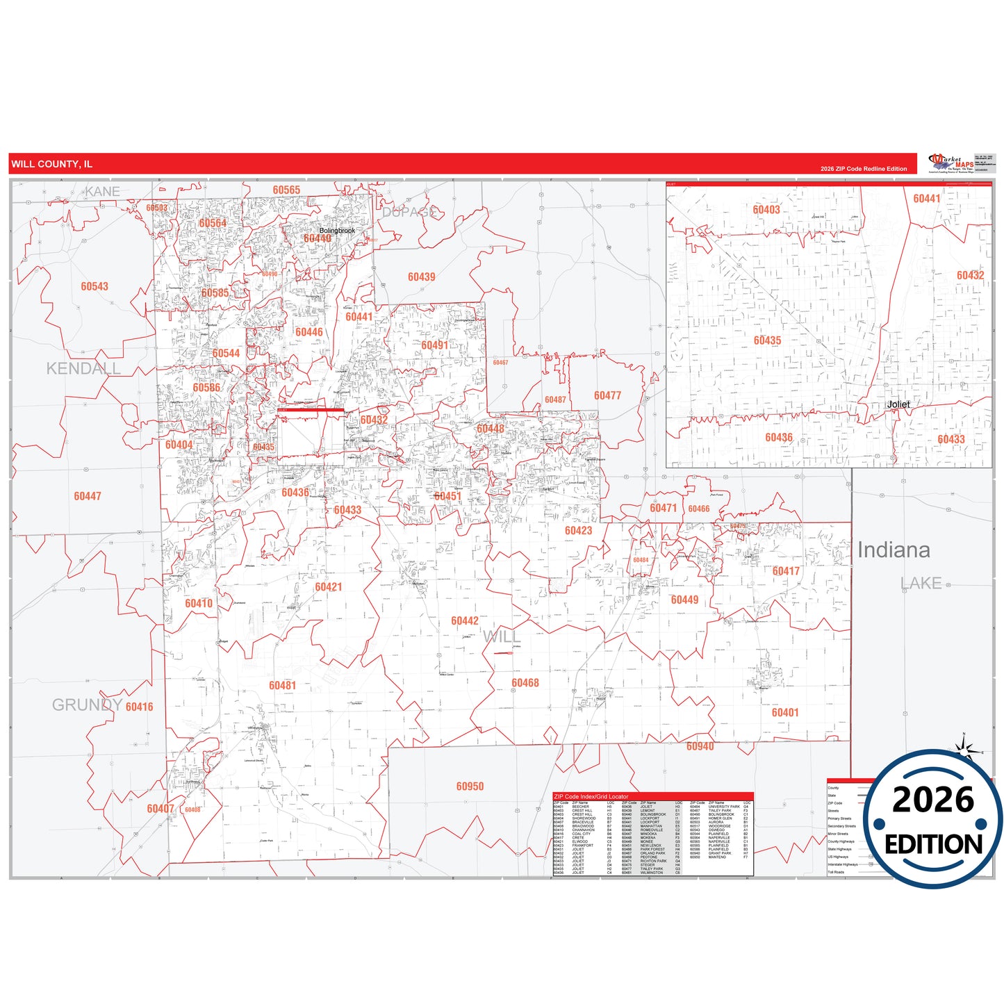 Will County, IL Red Line 5 Digit ZIP Code Wall Map