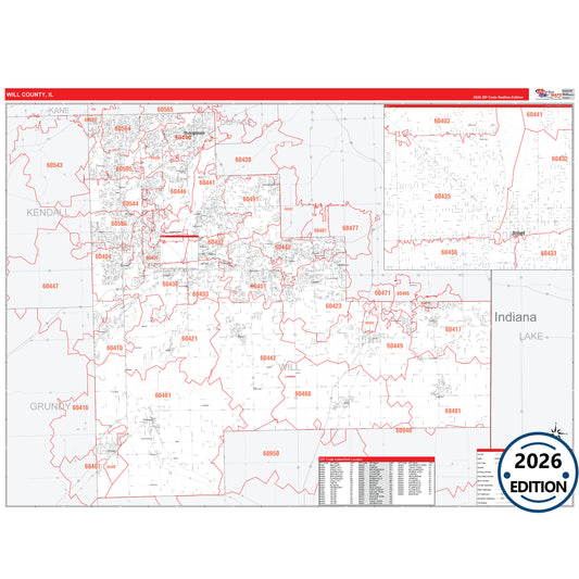 Will County, IL Red Line 5 Digit ZIP Code Wall Map