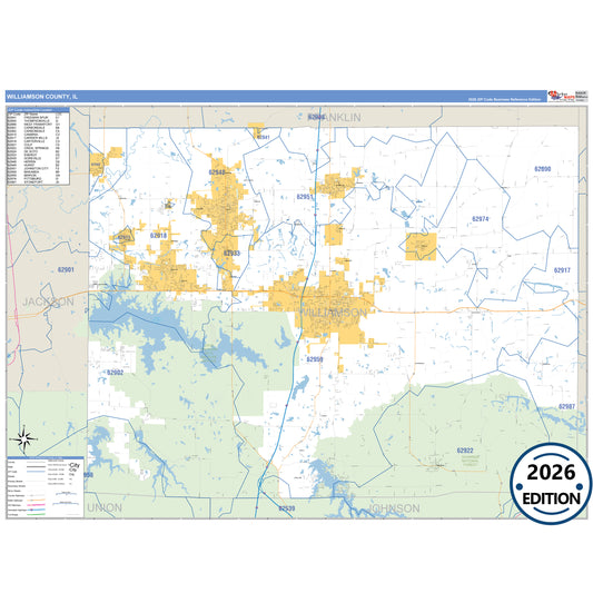 Williamson County, IL Business Reference 5 Digit ZIP Code Wall Map