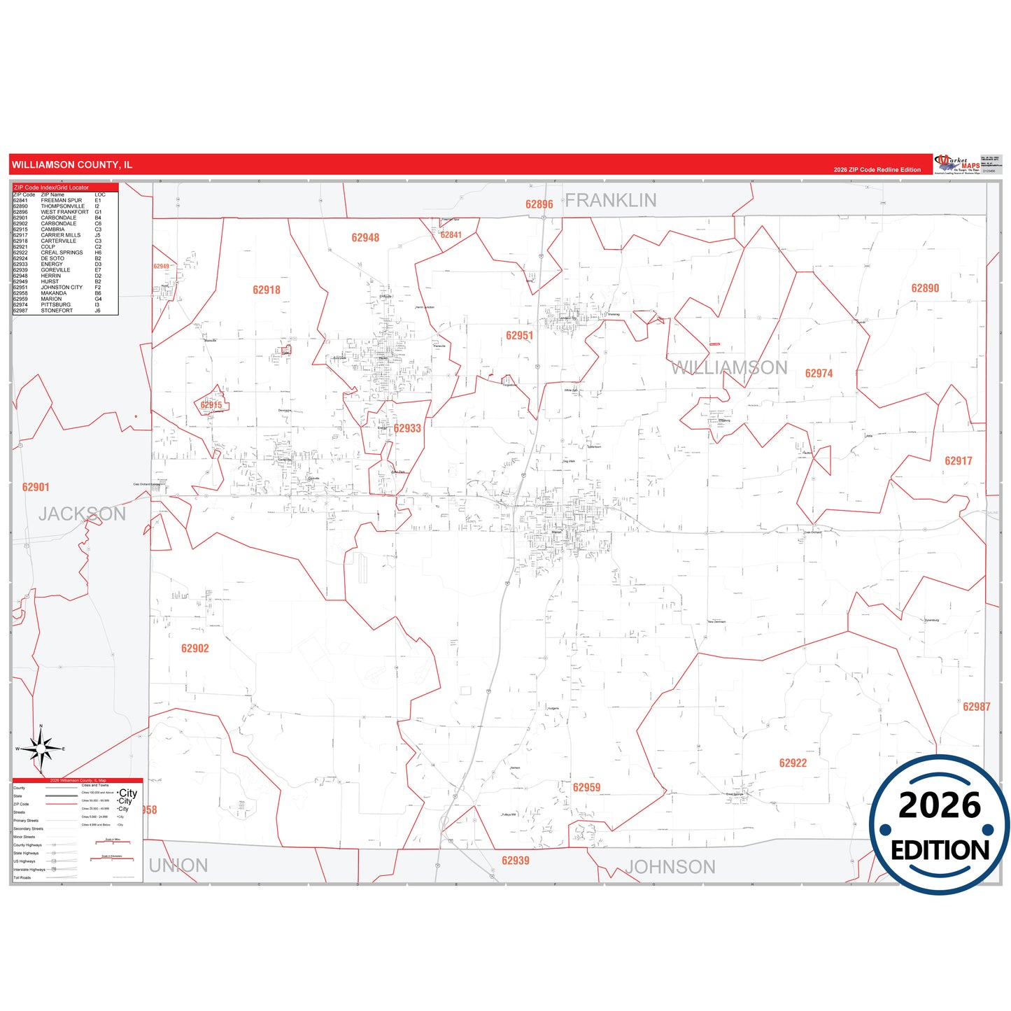 Williamson County, IL Red Line 5 Digit ZIP Code Wall Map