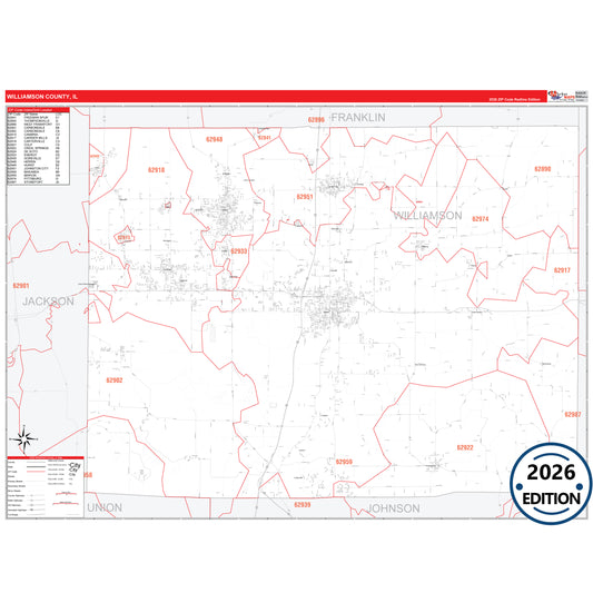 Williamson County, IL Red Line 5 Digit ZIP Code Wall Map