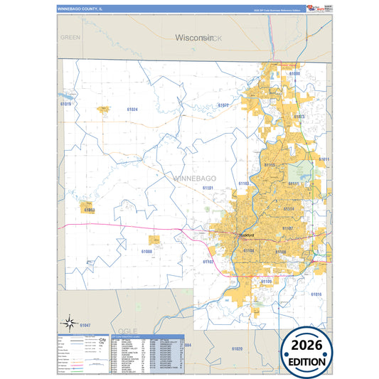 Winnebago County, IL Business Reference 5 Digit ZIP Code Wall Map