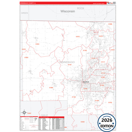 Winnebago County, IL Red Line 5 Digit ZIP Code Wall Map