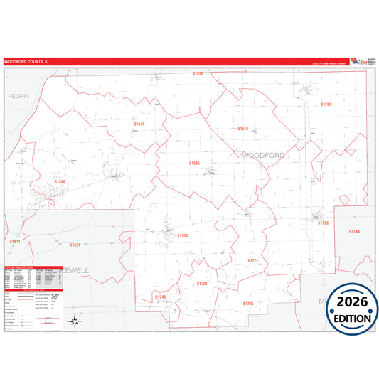 Woodford County, IL Red Line 5 Digit ZIP Code Wall Map