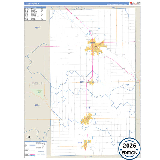 Adams County, IN Business Reference 5 Digit ZIP Code Wall Map