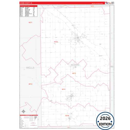 Adams County, IN Red Line 5 Digit ZIP Code Wall Map