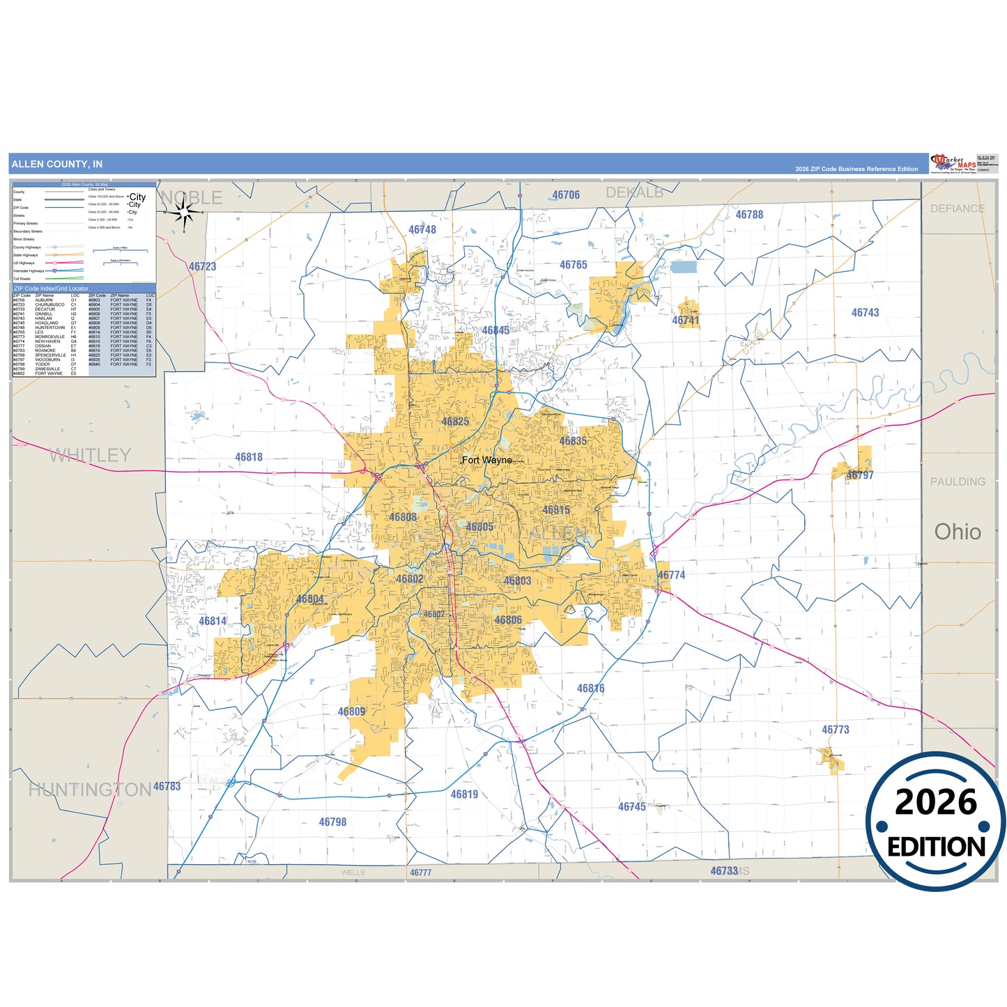 Allen County, IN Business Reference 5 Digit ZIP Code Wall Map
