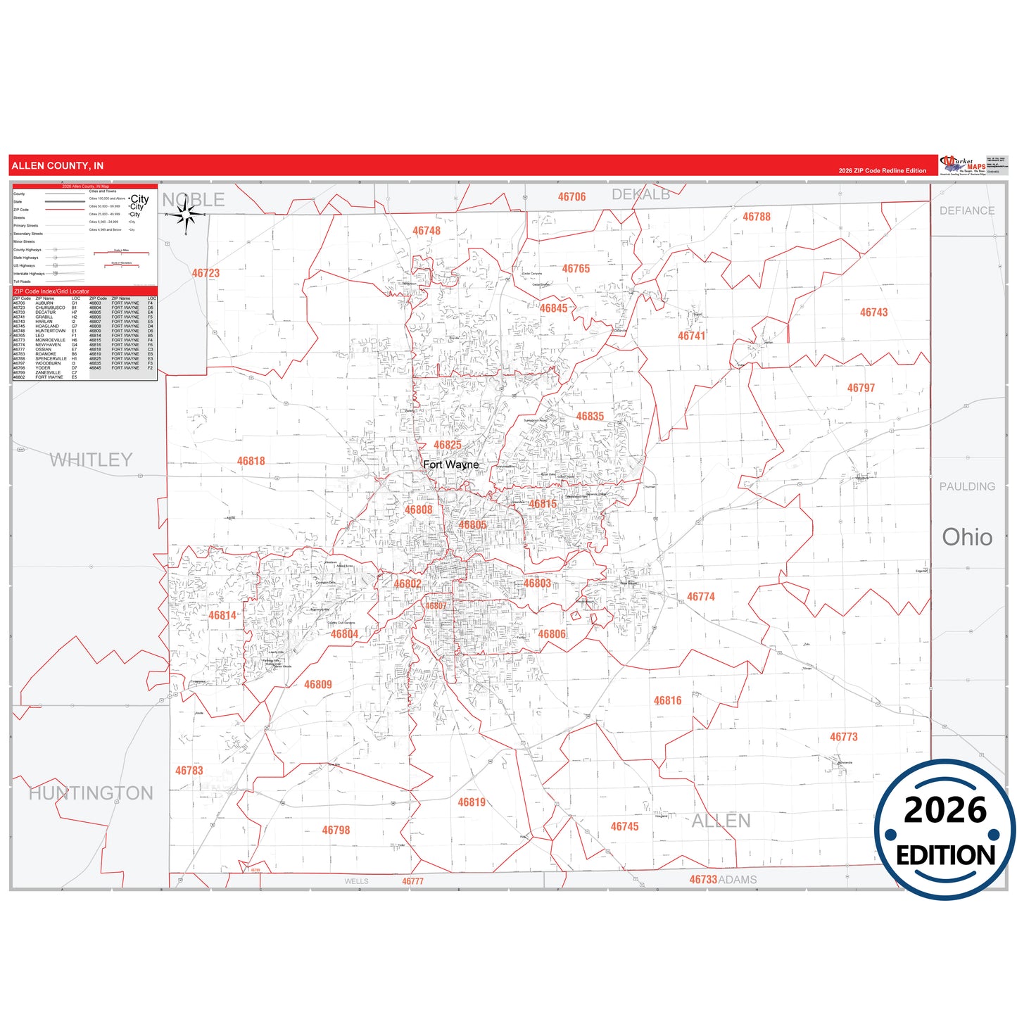 Allen County, IN Red Line 5 Digit ZIP Code Wall Map