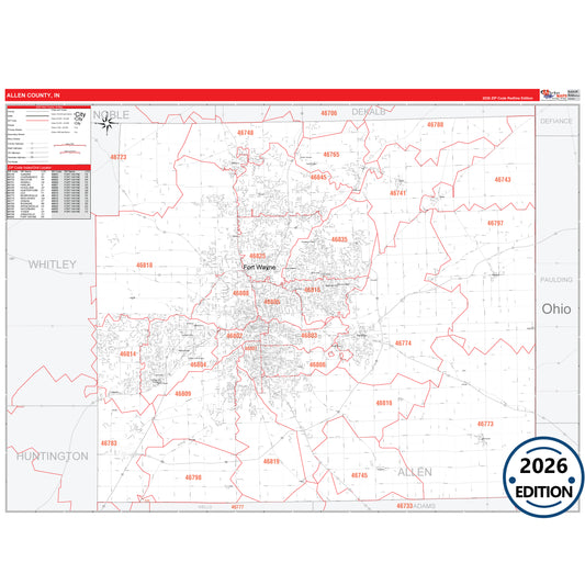 Allen County, IN Red Line 5 Digit ZIP Code Wall Map