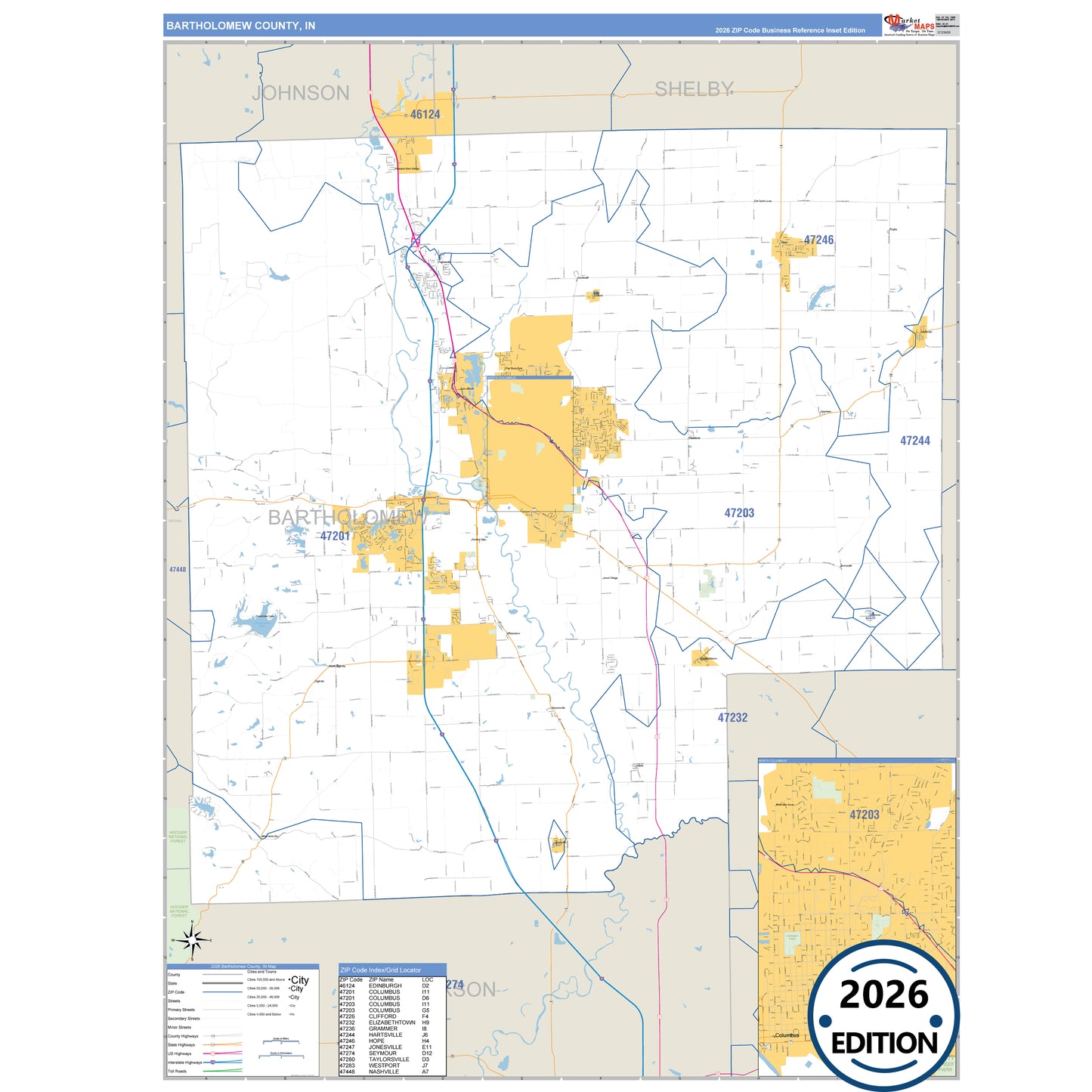 Bartholomew County, IN Business Reference 5 Digit ZIP Code Wall Map