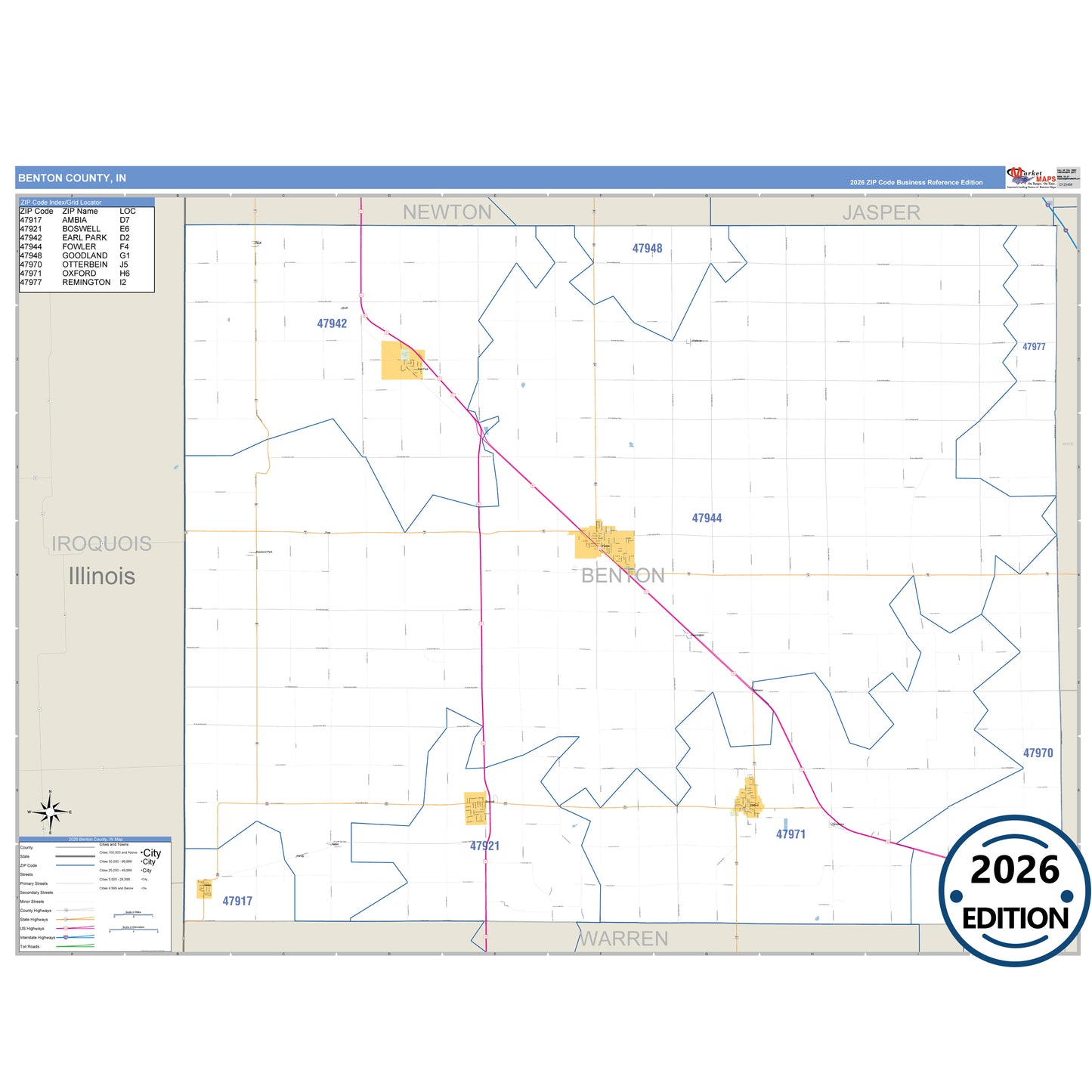 Benton County, IN Business Reference 5 Digit ZIP Code Wall Map