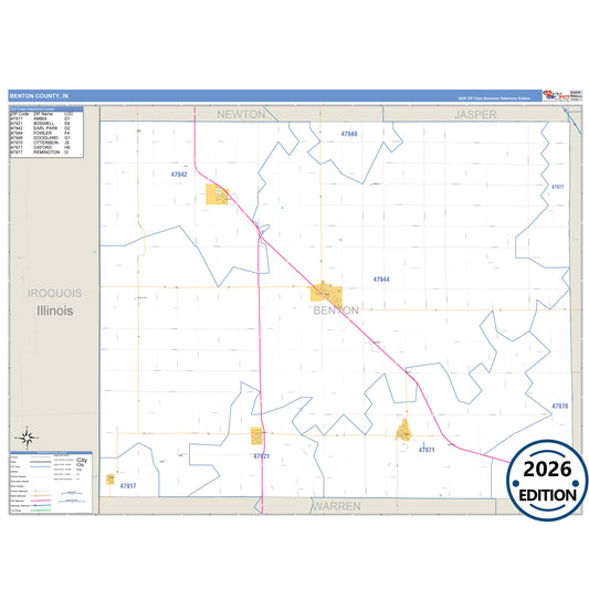 Benton County, IN Business Reference 5 Digit ZIP Code Wall Map