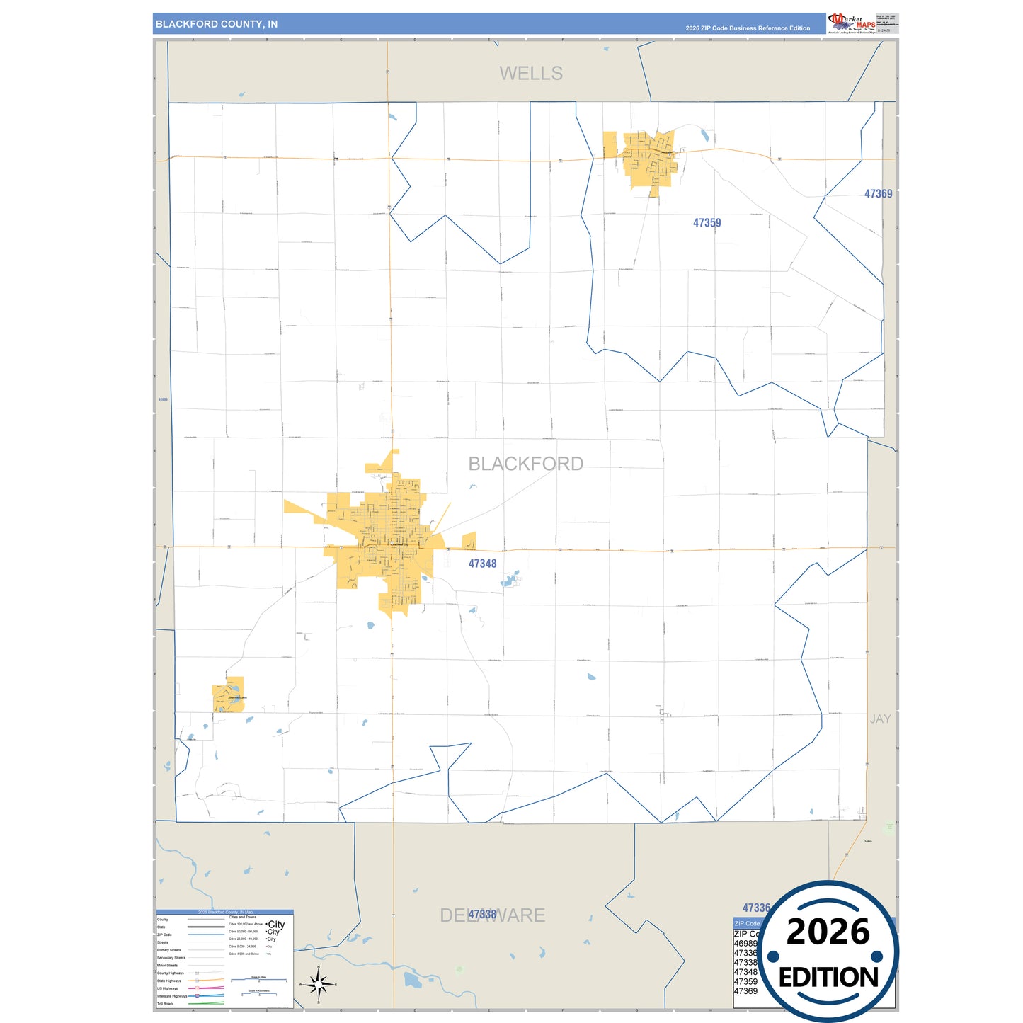 Blackford County, IN Business Reference 5 Digit ZIP Code Wall Map