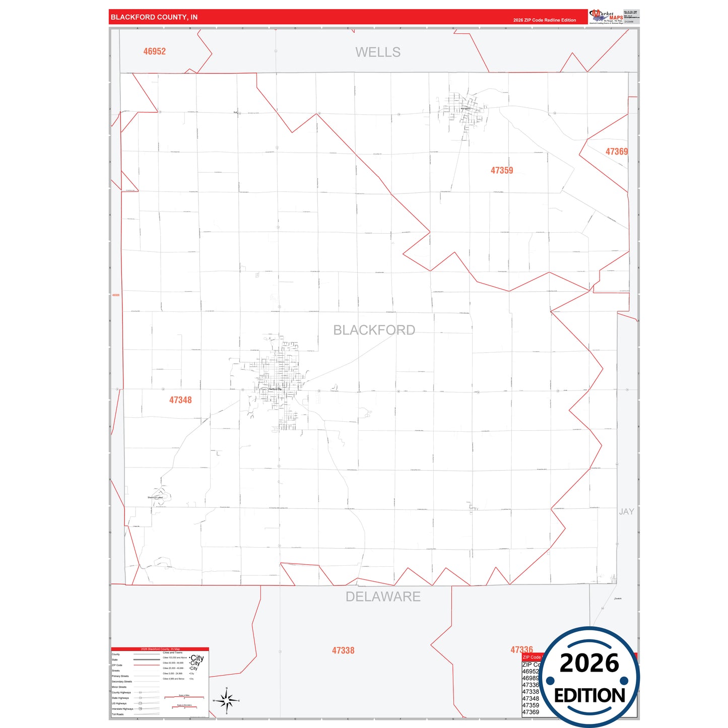 Blackford County, IN Red Line 5 Digit ZIP Code Wall Map