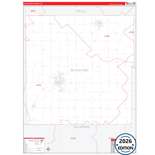 Blackford County, IN Red Line 5 Digit ZIP Code Wall Map