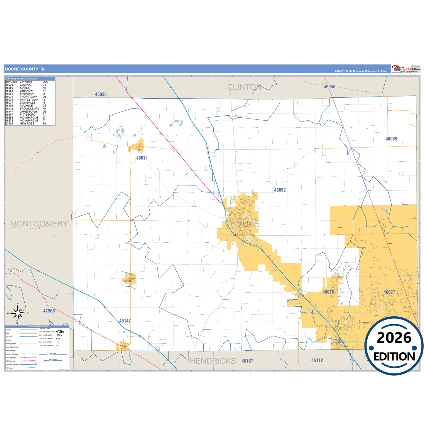 Boone County, IN Business Reference 5 Digit ZIP Code Wall Map