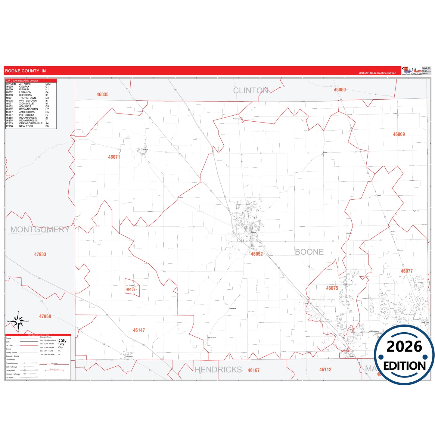 Boone County, IN Red Line 5 Digit ZIP Code Wall Map