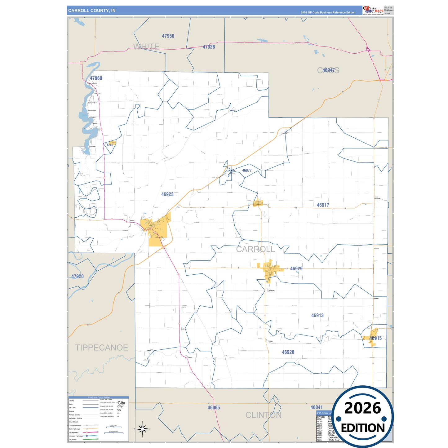Carroll County, IN Business Reference 5 Digit ZIP Code Wall Map