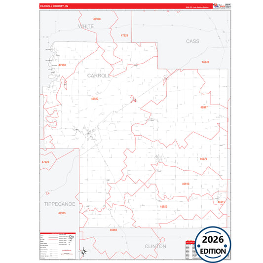 Carroll County, IN Red Line 5 Digit ZIP Code Wall Map