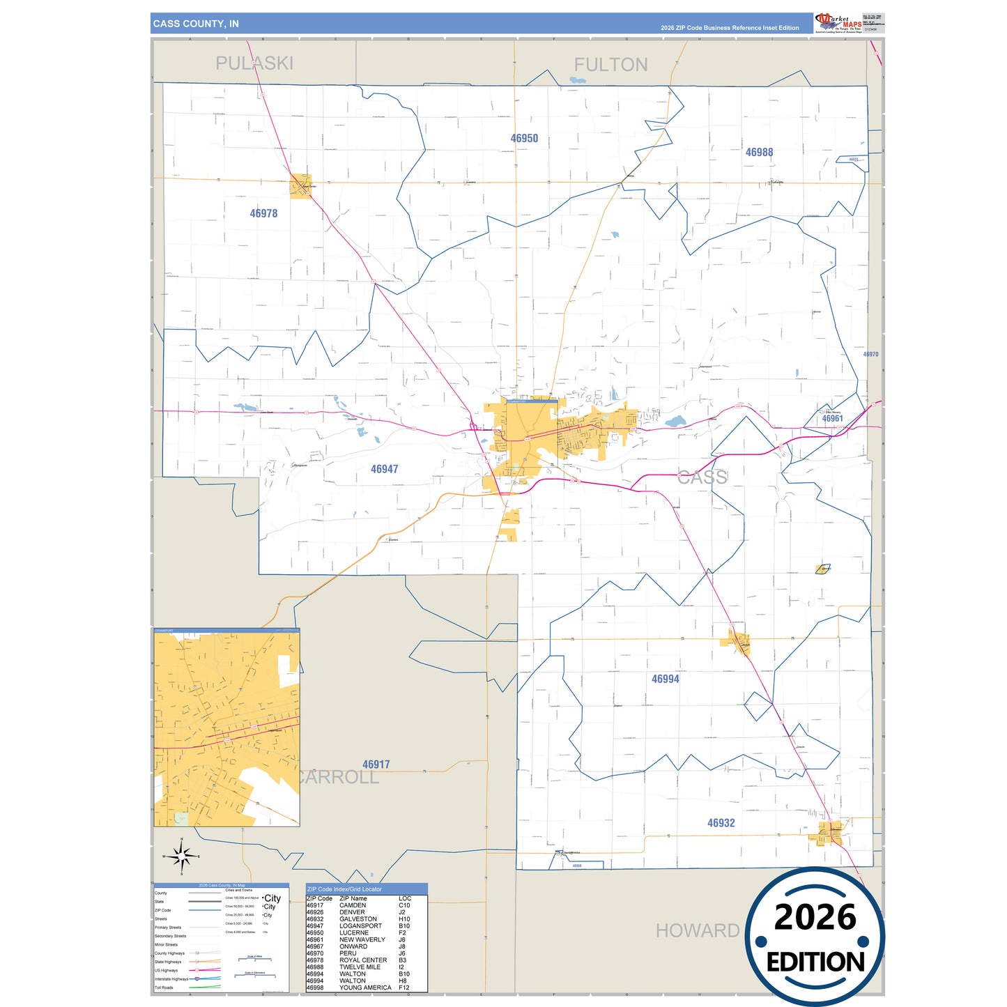 Cass County, IN Business Reference 5 Digit ZIP Code Wall Map