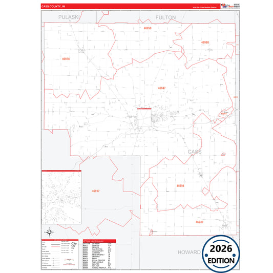 Cass County, IN Red Line 5 Digit ZIP Code Wall Map