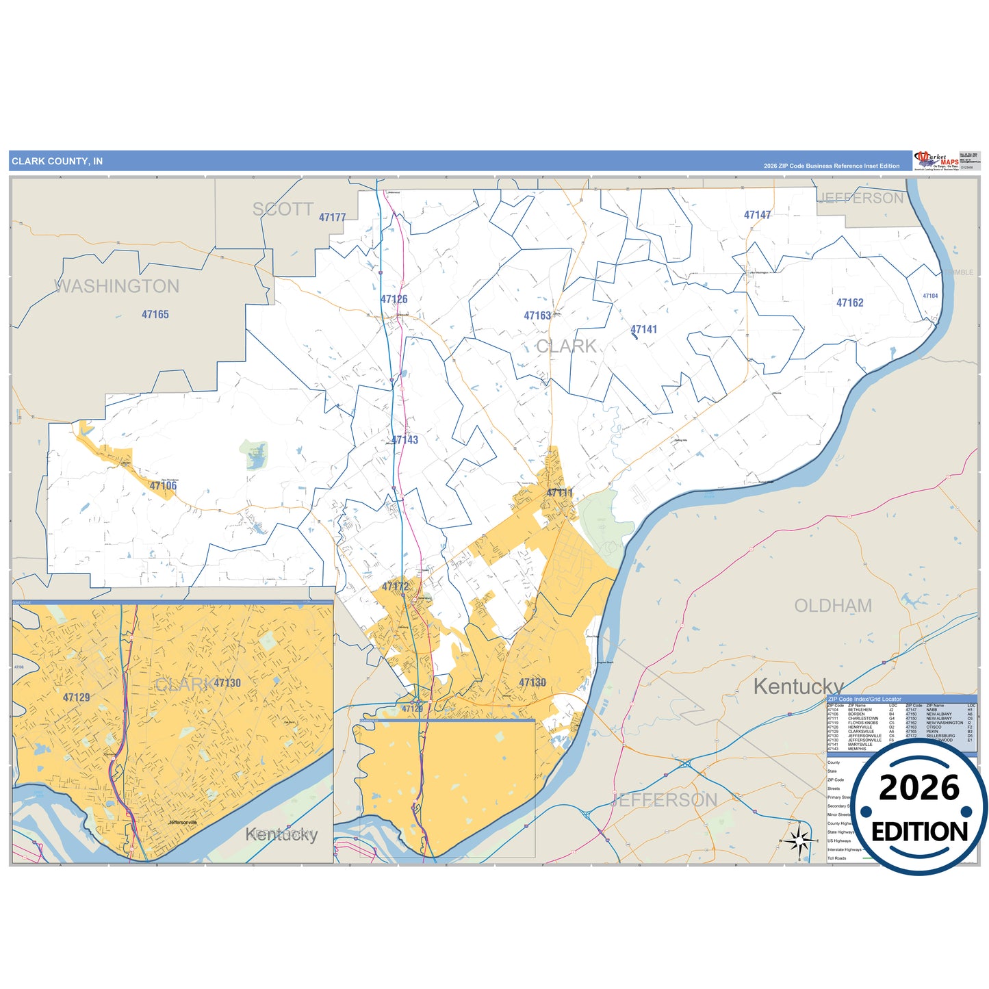 Clark County, IN Business Reference 5 Digit ZIP Code Wall Map