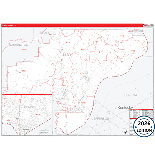 Clark County, IN Red Line 5 Digit ZIP Code Wall Map