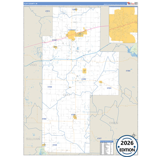 Clay County, IN Business Reference 5 Digit ZIP Code Wall Map