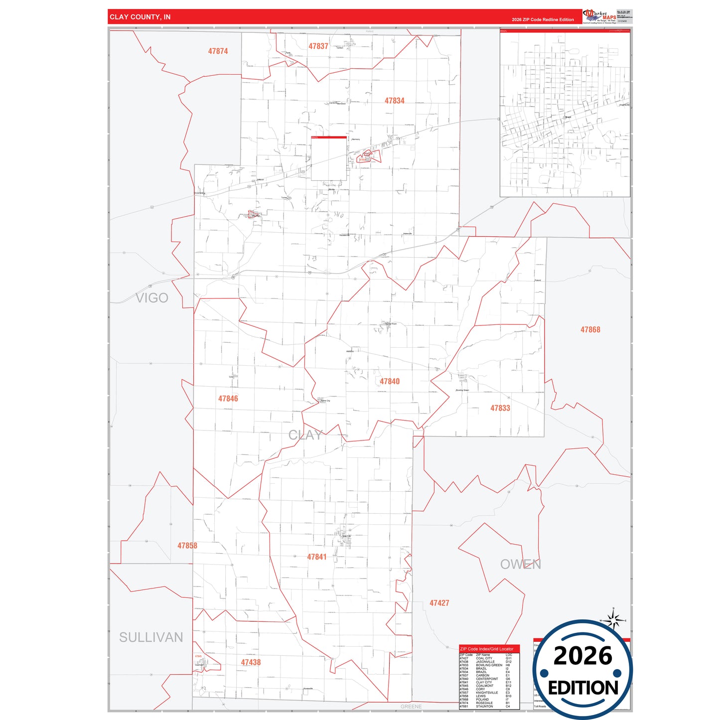 Clay County, IN Red Line 5 Digit ZIP Code Wall Map