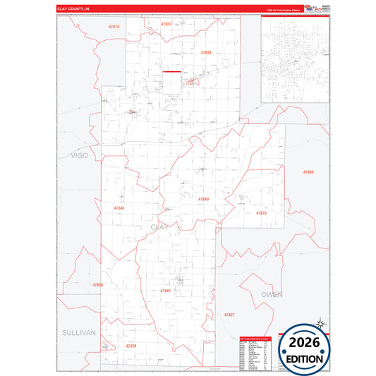 Clay County, IN Red Line 5 Digit ZIP Code Wall Map